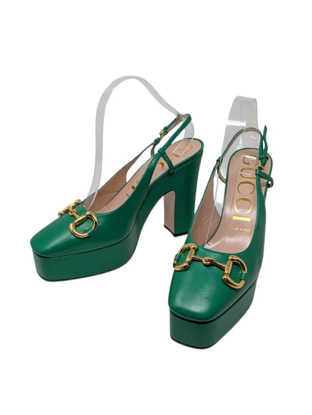 NEW Gucci Green Horsebit Platform Slingback Chunky Block Heel Pumps Size EU 39.5
